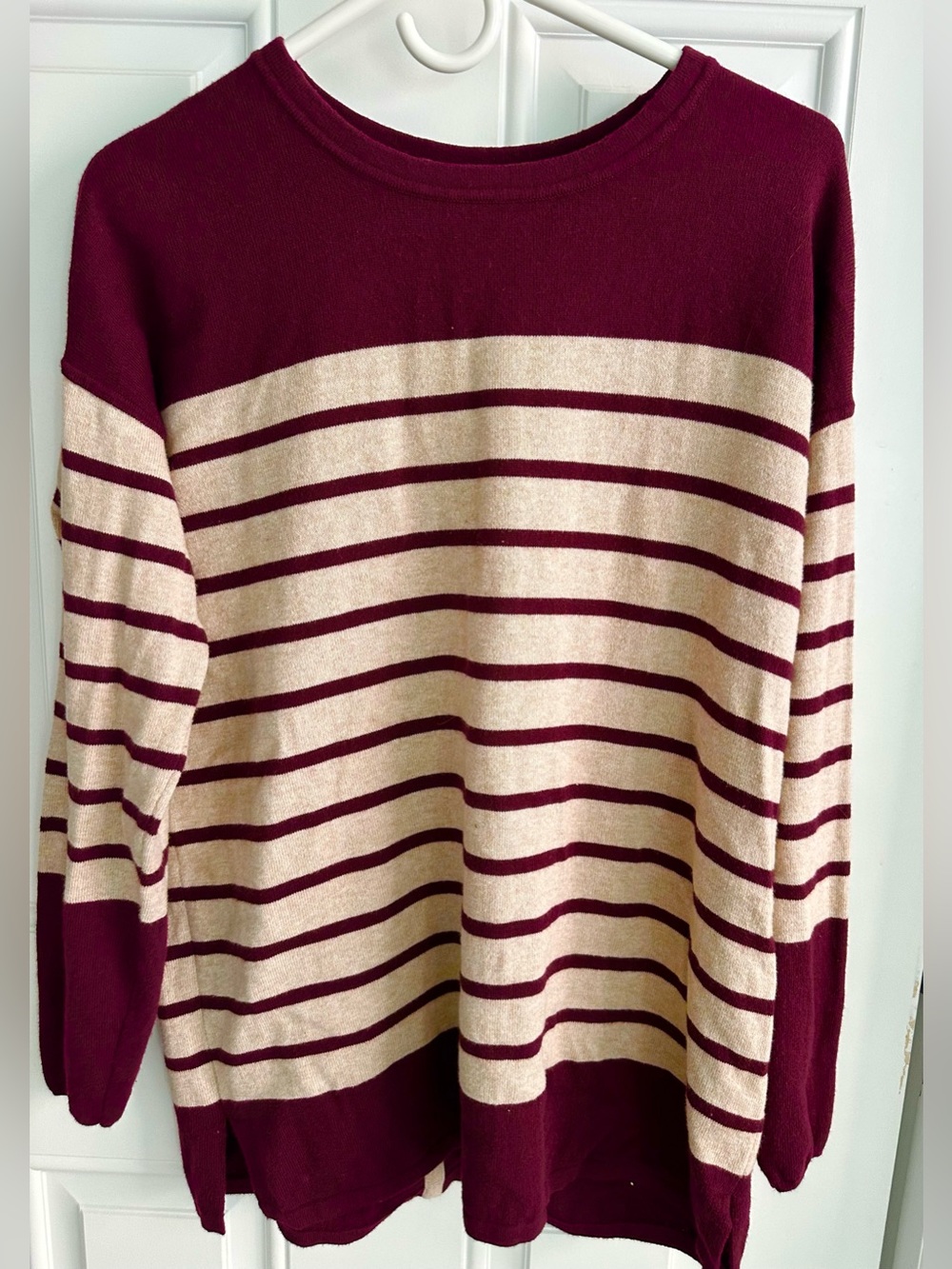 Orvis Sweater Tunic Cotton Cashmere Silk Blend Small EUC Burgundy Cream Stripe